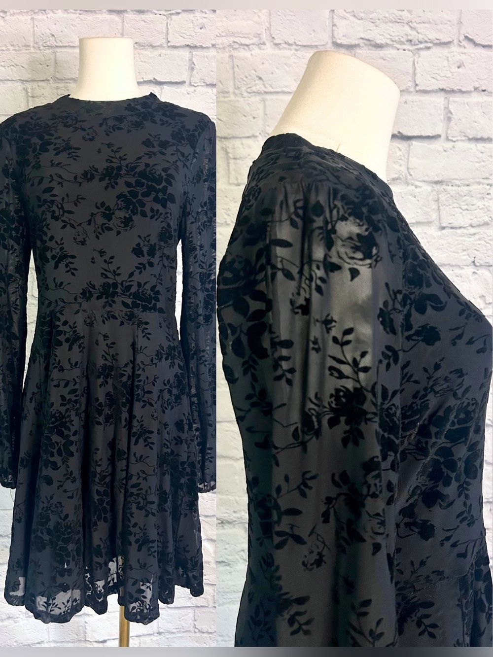 American Rag Black Floral Velvet Burnout Mini Dress Fall Long Sleeve Boho Goth
